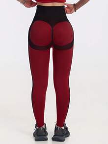 Red & Black Patchwork High Waist Shaping Leggings - High Elasticity Tummy Control Yoga Pants - Burgundy - View 6