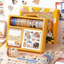 Simno Kawaii Cat Scrapbook Supplies Kit, Stationery Set With Memo Notes, Washi Tape & Stickers, Craft Supplies Gift For Cat Lovers, Bullet Journal - Orange - View 2