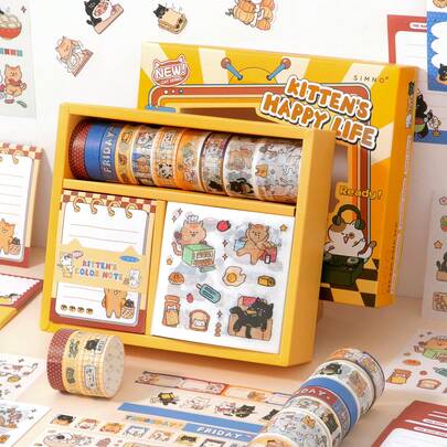 Simno Kawaii Cat Scrapbook Supplies Kit, Stationery Set With Memo Notes, Washi Tape & Stickers, Craft Supplies Gift For Cat Lovers, Bullet Journal