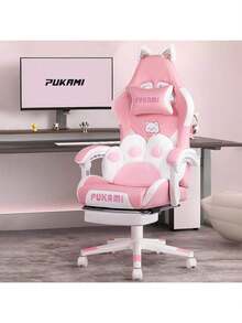 Pink Gaming Chair For Girls With Cat Paw Lumbar Cushion & Cat Ears, Ergonomic Reclining Computer Chair With Footrest & Headrest For Kids & Adults - 白色 - 查看 2
