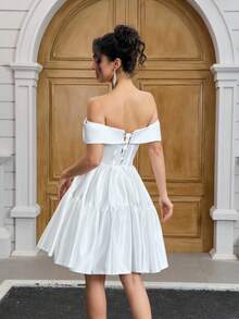 YUMIBRAVO Balletcore Off The Shoulder Wedding Dress Bride White Dresses For Women, Ball Gown Dress Short Prom Dress, Satin Wedding Dresses For Bride Birthday Women Outfits, Perfect For Classic Weddings, Graduation Dress, Party Dress