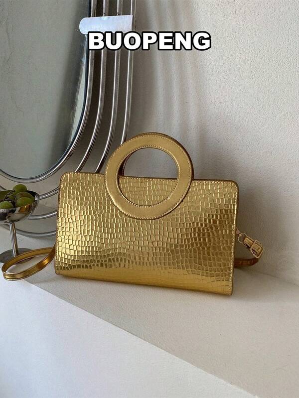 Lightweight Business Casual Metal Crocodile Embossed Square Bag, Top Handle, Suitable For Teenagers, Women, College Students, Young Professionals And Office Workers, Perfect For Office, University, Work, Business, Commuting, Outdoor Activities, Travel, Picnic, Featuring Fashionable, Punk And Streetwear Styles