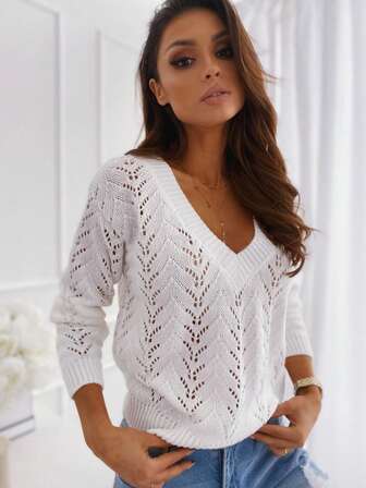 Pull en tricot col en V creux de couleur unie, vêtement tricoté décontracté et doux pour le printemps et l'automne