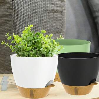 1 Set/3 Macetas de auto-riego con agujeros de drenaje, bandeja de reserva y borde para riego. Macetas de flores con alta capacidad de drenaje y 3 etiquetas de metal para plantas (tamaño aleatorio) de 8/9/10 pulgadas de diámetro, para uso interior y exterior. Ideal para cultivar la mayoría de las plantas de tamaño mediano a pequeño para el hogar/oficina, jardín y alféizar, como orquídeas, cactus, suculentas, áloe vera.