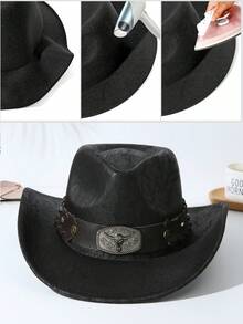 1pc Unisex Unisex Cattle Head & Belt Decor Handmade Wide Brim Panama Hat PU Cowgirl Hat Cowboy Hat Western Suitable Soft Felt Hat Fedora Hat For Outdoor - màu đen - Xem 4