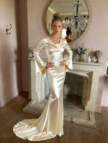 优雅垂坠领长袖露背美人鱼裙、鸡尾酒会礼服、婚礼宾客礼服、圣诞礼服 - 奶油黃 - 查看 4