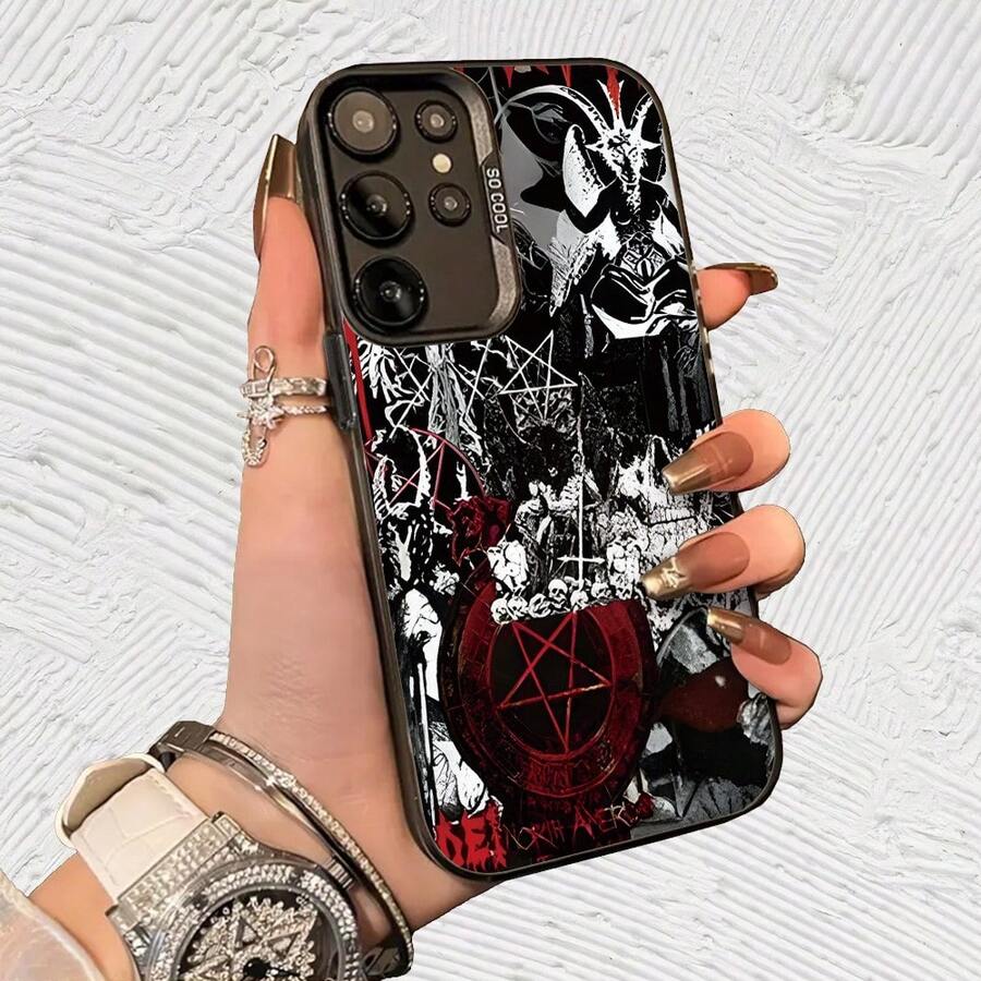 Carcasa Gótica con Pentagrama Rojo Impresión UV para iPhone 11/12/13/14/15/16 Plus/17 Pro Max (Regalos de Navidad seleccionados, regalos por el Día Nacional, regalos por el Día de la Independencia, regalos de San Valentín, regalos de cumpleaños, - Negro transparente - Ver 1
