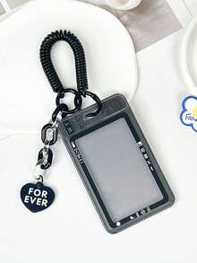 1pc Solid Color Minimalist Fun Ins Style PS Plastic Card Cover Portable Black Card Holder With Heart Keychain Women's Suitable For Daily Bus Card Protection Cover ID Badge Holder Card Storage Cover - Black - View 3