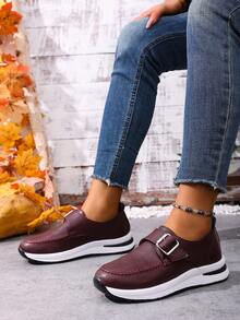 1 Pair Women's Platform Wedge Shoes, Solid Color PU Leather, Buckle Closure, Suitable For Outdoor Wear All Season - Burgundy - View 3