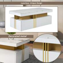(Modified Materials) Modern Rectangular Coffee Table With Glossy Lacquered Top, 2 Wooden Drawers, Marble-Effect Top, For Living Room, 100 X 50 X 40 Cm - White - View 8