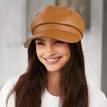 Women's PU Leather Newsboy Cap 8 Panel Paperboy Newsie Cap Bakerboy Beret Cabbie Hat, Fashionable Headwear - 焦糖 - 查看 7