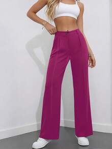 女士高腰褶裥宽松长裤，适合工作和休闲穿着，春夏款 - 玫紅色 - 查看 6