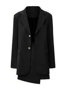 Women's Elegant Casual Commuter Suit: Black Long Sleeve Blazer + Skirt - Black - View 7