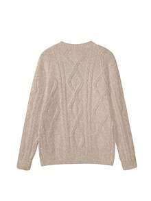 FOR BEAUTY 秋冬新款圆领扭结印花长袖针织衫，女士宽松杏色简约通勤风毛衣，女士杏色长袖休闲上衣，新年 - 深杏 - 查看 6