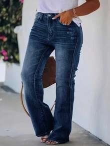 ARWY Casual Straight Leg Washed Denim Jeans With Pockets & Zipper, Plus Size Flare Leg Jeans For Women, Versatile For Daily, Airport, Travel, Formal, Vacation, Back To School, Pride Month (US), Christmas, All Seasons Spring - Dark Wash - View 2