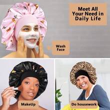 Gorros De Satén para Dormir Gorro de Seda Ajustable Doble Capa Gorro para Dormir Suave de Satén Gorros de Dormir De Seda con Banda Ancha para Mujeres y Niñas Rosa - Rosa - Ver 3