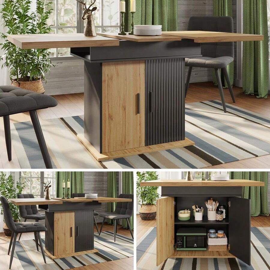Table à Manger Télescopique 110-140*80 cm - Extensible et Pliable pour 4-6 Personnes - Design Rétro et Gain de Place - Idéale pour Cuisine, Salon, Salle à Manger et Appartement - Noir + Naturel + MDF-1 - Voir 1