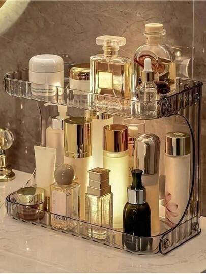 双层翻盖透明化妆品收纳盒 | 透明设计，方便取用 + 双层翻盖防尘防潮，简约现代风格，适用于浴室/梳妆台/桌面，可收纳护肤品和香水