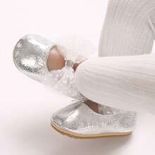 Baby Girl PU Dress Flats Soft Soles Dot Print Mesh Bow Mary Jane Shoes Casual Walking Shoes For Newborn Toddler - Bạc - Xem 2