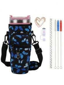 1个水壶袋/7件套运动水杯配件套装，包括30-40盎司水壶袋、心形胸针装饰、彩色吸管防尘套、3个彩色清洁刷、彩色水纹吸管