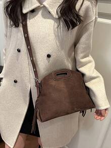 1 pièce Nouveau sac à main croissant à franges pour femmes en automne/hiver, sac fourre-tout minimaliste à la mode , convient pour les rendez-vous, les cadeaux, les déplacements, les courses - Café - Voir 3