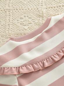 2件套幼儿女童休闲条纹翻领长袖上衣和纯色喇叭裤套装，春秋季 - 淺粉色 - 查看 4