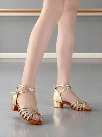 Women's Gold Latin Dance Sandals Ankle Strap Low Block Heel Ballroom Dance Shoes