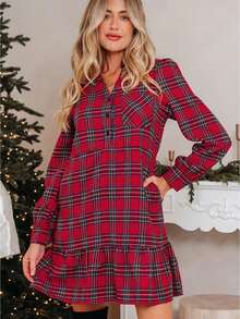 Women's  Plaid Dress Fashion Contrast Color Long Sleeve Casual A Line Dresses Christmas Dress - 紅色 - 查看 1