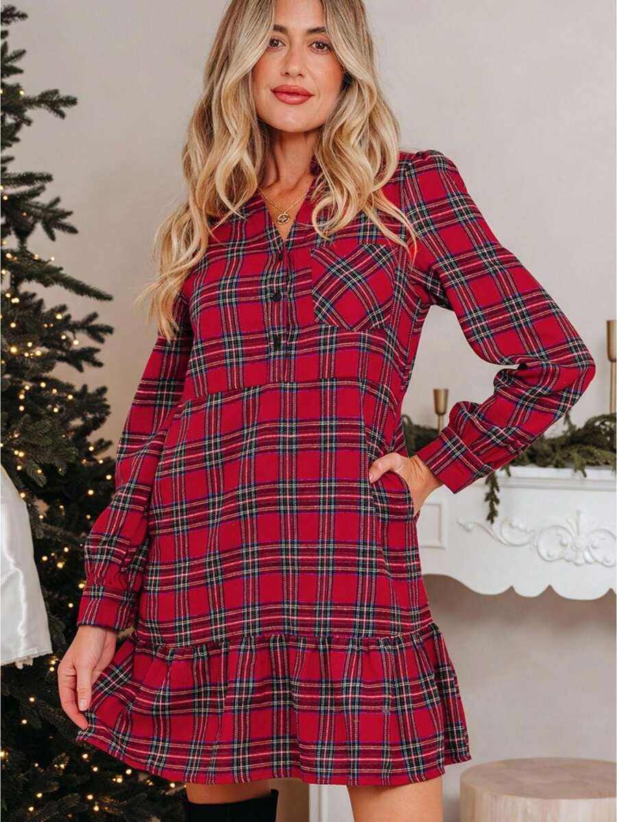 Women's  Plaid Dress Fashion Contrast Color Long Sleeve Casual A Line Dresses Christmas Dress - 紅色 - 查看 1
