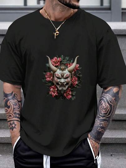 1pc Men's Oni Mask Graphic Oversize T-shirt 180g Cotton Crew Neck Short Sleeve Tee with Vibrant Japanese Demon Print All Season Casual Wear Machine Washable Regular Fit Streetwear Fashion Artistic Design Breathable Material Printed Top Urban Wear