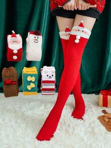 1双毛绒过膝长袜 圣诞袜 女士过膝袜 卡通刺绣长袜 - 彩色 - 查看 2