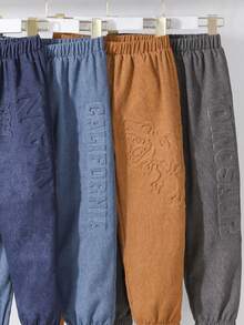 男童秋冬灯芯绒裤套装，4件套，3D恐龙字母印花工装裤，舒适休闲裤，适合男童休闲、上学、生日派对、日常穿着。 - 彩色 - 查看 3