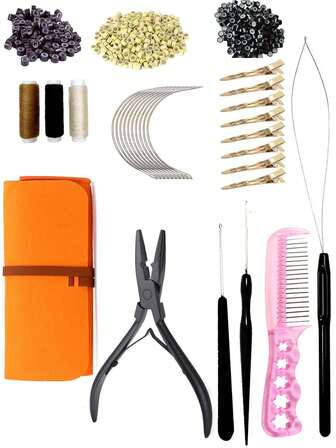 67pcs Hair Extension Tool Kit, 600pcs Silicone Lined Micro Rings, 1pc Plier, 2pcs Hook Pullers, 10pcs Curved Hair Pins, 4pcs Metal Hair Clips, 1pc Comb, 3pcs Sewing Thread Hair Accessories ,Hair Styling Kit