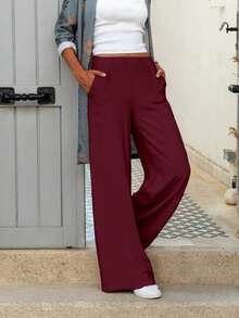 Women's Solid Color Elastic Waist Casual Wide Leg Pants - Burgundy - View 1
