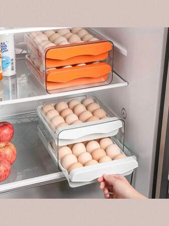 1 pieza Estante de almacenamiento de huevos de doble capa con cajón, soporte de huevos de plástico transparente para refrigerador, caja de almacenamiento de refrigerador de doble capa con estilo de cajón, juego de almacenamiento de huevos apilable de PET, bandeja de almacenamiento de huevos de doble capa con mayor capacidad, estante de huevos de plástico transparente, adecuado para refrigerador, encimera, gabinete, regalo de Pascua