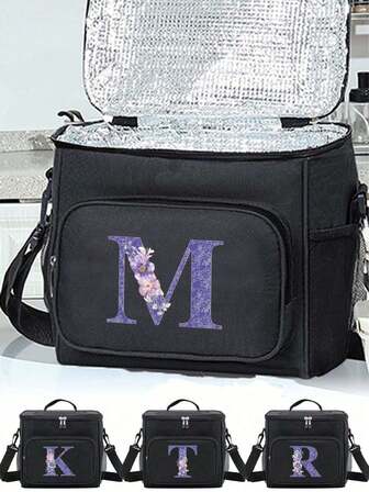 Isolerad lunchlåda axelväska i canvas termisk lunchlåda initialnamn A till Ö lila bokstavsblomtryck stor tygväska för kvinnor bärbar arbetsmatförvaring handväskor kylbox för kontor skola picknick camping resor lunchväska kvinna för kvinnor damer skolmaterial saker tillbehör väska för skolan skoltillbehör skolsaker