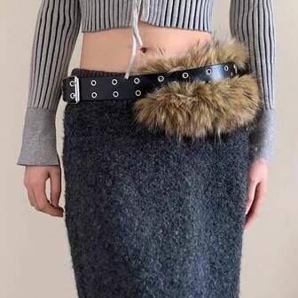 1件纯色朋克派对PU（聚氨酯）女士腰带，简约设计，毛绒装饰，四季皆宜