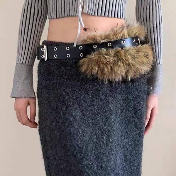 1件纯色朋克派对PU（聚氨酯）女士腰带，简约设计，毛绒装饰，四季皆宜