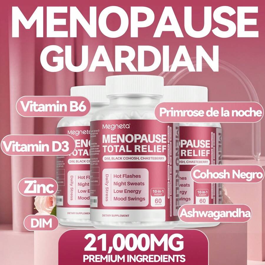 MEGNETA One Bottle - Vitamins For Menopause, Improve Hot Flashes, Night Sweats, Mood Swings, Stress, Antioxidants & Perimenopause|DIM, Black Cohosh, Chasteberry, Evening Primrose, Flax Seed & Ashwagandha|60 Capsules, 30-Day Supply - Một chai - Giai đoạn dùng thử - Xem 1