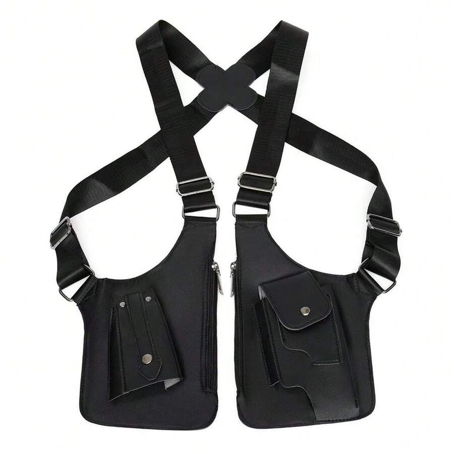 Anti-Theft Shoulder Bag, Hidden Shoulder Holster, Double Storage Pocket, Cell Phone Pocket, Leather Shoulder Armor, Hidden Adjustable Shoulder Strap, Anti-Pickpocket Accessory With Double Pocket For Men And Women (Holds A Cell Phone) - 黑色 - 查看 1