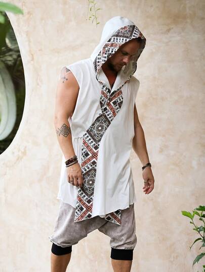 Mönster, ärmlös kaftan med huva för män - Boho, inspirerad design, lös passform och statement-tunika, snygg och mångsidig för bohemiska äventyr, festivallooker och avslappnade stadsutflykter, presenter till män