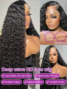 38 40 Inch 250% Density Deep Wave Wigs Human Hair Glueless 13x4 HD Transparent Lace Frontal Wigs Pre Plucked Deep Wave Lace Front Wigs Human Hair For Women 12A Wet And Wavy Lace Front Wig Brazilian Virgin Curly Lace Frontal Wigs Human Hair High Density Swiss Lace Bleached Knots With Baby Hair Natural Black Color Christmas - Natural Black - Xem 5