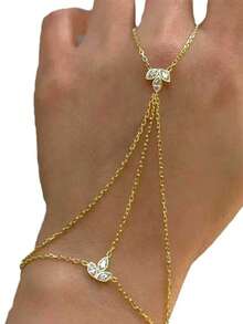 1pc Leaf Connecting Finger Chain Bracelet For Women, Minimalist Bohemian Design Rhinestone Hand Chain Jewelry - JL2214 - View 2