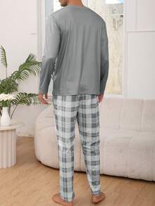 Conjunto de ropa de dormir casual para hombres, camiseta de cuello redondo de manga larga con estampado a cuadros y pantalones, ropa de estar en casa cómoda para primavera y otoño - Gris Claro - Ver 2