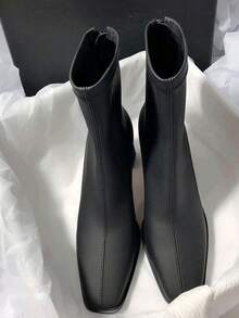 2025秋冬新款女士时尚靴，黑色皮革方头优雅复古粗跟袜靴，后拉链设计，时尚踝靴，百搭& - 黑色 - 查看 2