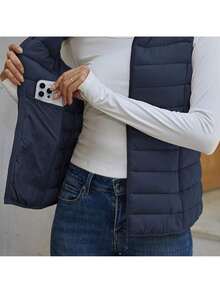 2026 Women's Essential Warm Vest  Lightweight Quilted Puffer Vest Sleeveless Stand Collar Zip-Up Padded Outerwear Gilet ,Classic Versatile For Seasonal Outdoor Use - 海軍 - 查看 4