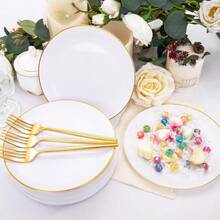 200Pcs Gold Plastic Dessert Plates With White Appetizer Platos And Gold Disposable Forks Ideal For Elegant Party Dessert Serving Includes 100pcs 7.5 Salad Platos And 100pcs 7.6 Plastic Forks For Stylish Cake Presentation And Casual Dining Events - 白金 - 查看 5