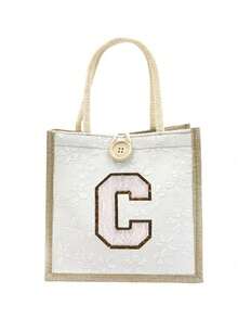 Sac fourre-tout avec motif de lettre brodé, sac fourre-tout en lin imprimé, petit sac fourre-tout en lin avec décoration de bouton floral, sac fourre-tout minimaliste grande capacité, sac de rangement casual portable, sac de courses multifonctionnel, nouveau design, grande capacité, convient pour le shopping - Multicolore - Voir 13