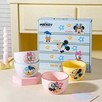 4pcs Mickey Mouse Colorful Ceramic Bowl Set, Household Rice Bowl & Soup Bowl