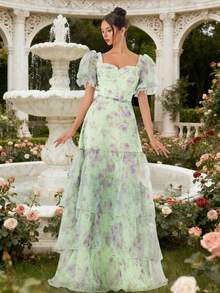 VIPGIRL Off-Shoulder Floral Print Mesh Waist Elegant Women Evening Gown - Green - View 3